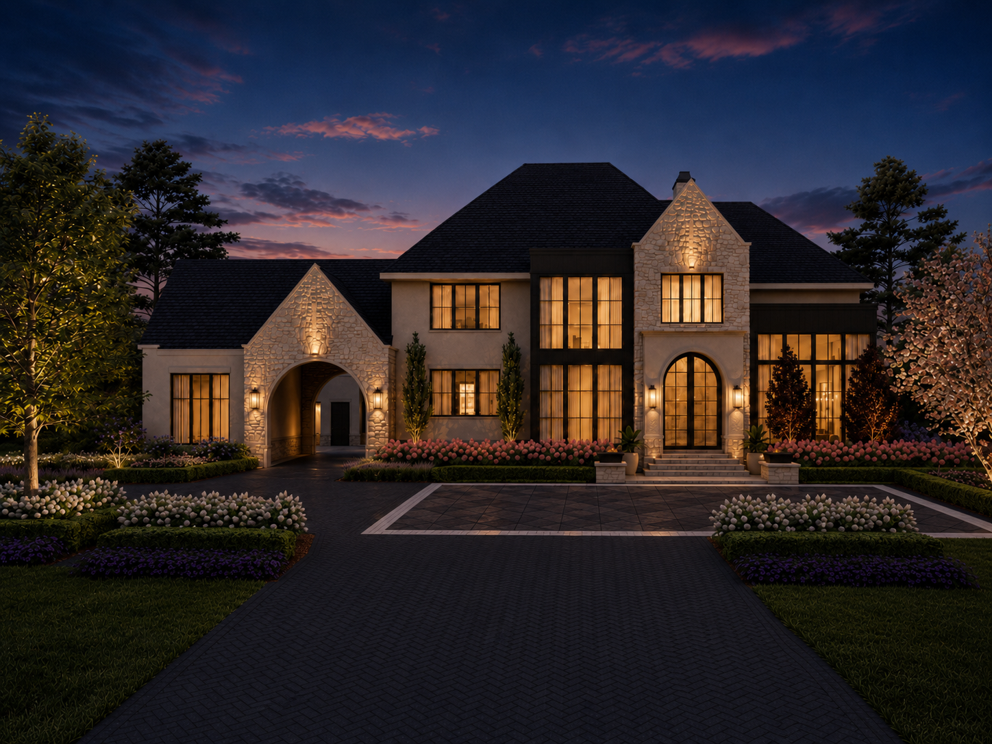Sapphire render — front exterior dusk